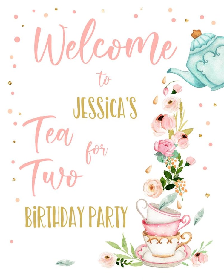 Tea for Two Birthday Welcome Sign | Editable Floral Girl 2nd Party Template