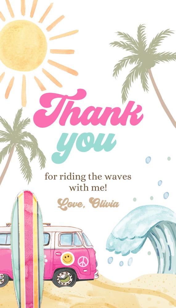 Pink Retro Surf 1st Birthday Favor Tags | Editable Canva Girl Beach Party Label