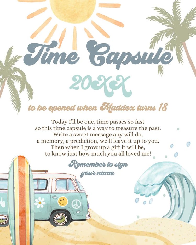 Editable Surf Time Capsule Template | Retro Boy 1st Birthday The Big One Decor