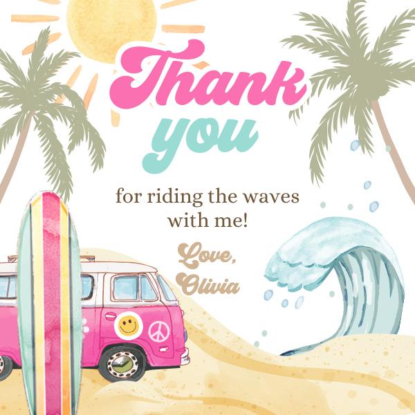 Retro Surf 1st Birthday Favor Tags | Editable Canva Beach Party Stickers