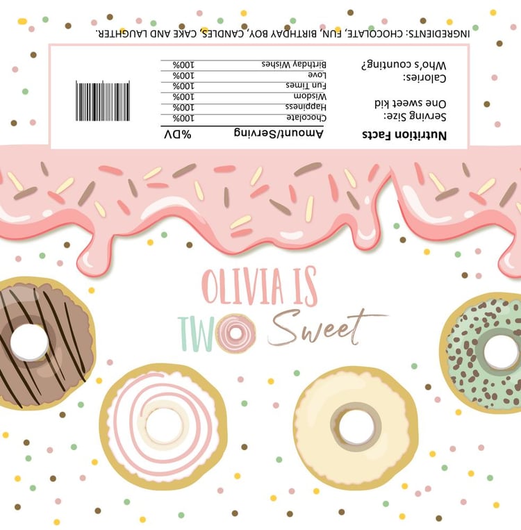 Two Sweet Donut Chocolate Bar Wrapper Template - Pink 2nd Birthday Editable Canva