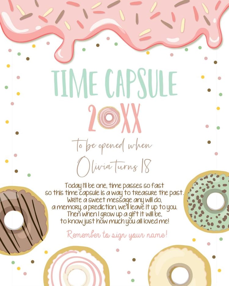 Editable Pink Donut First Birthday Time Capsule Template | Girls Donut Grow Up
