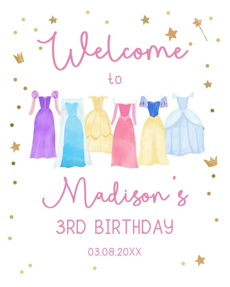 Princess Birthday Welcome Sign | Pink & Gold Royal Party Template | Editable
