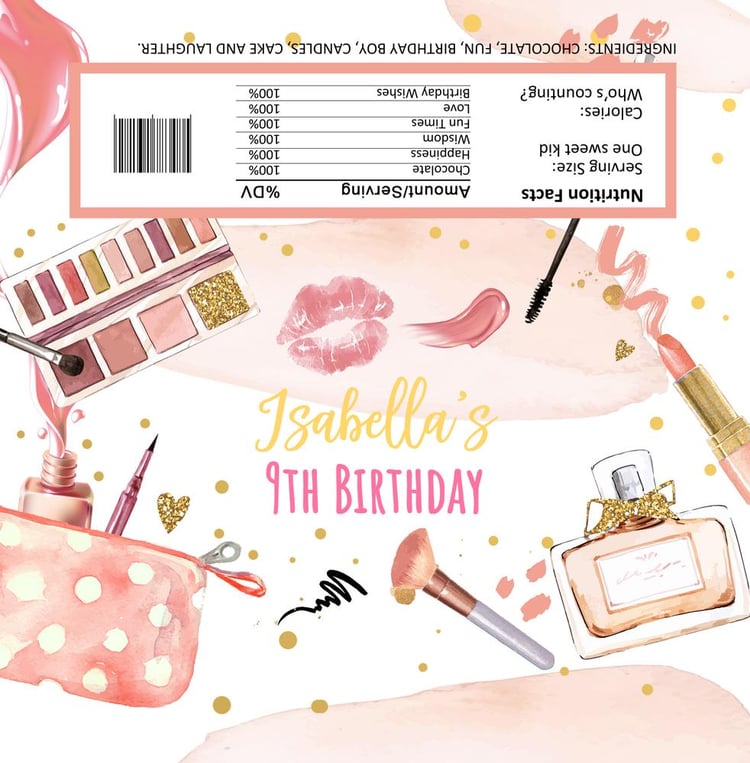 Editable Spa Party Candy Bar Wrappers | Glam Makeup Birthday Labels Canva