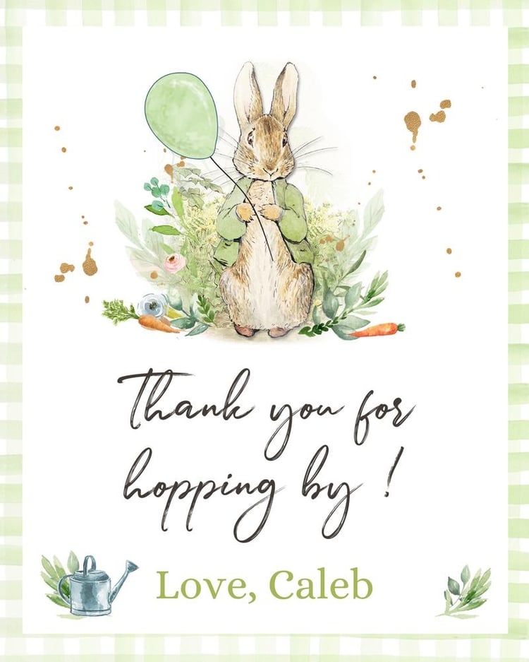 Editable Peter Rabbit Thank You Sign | Watercolor Bunny Birthday & Baby Shower