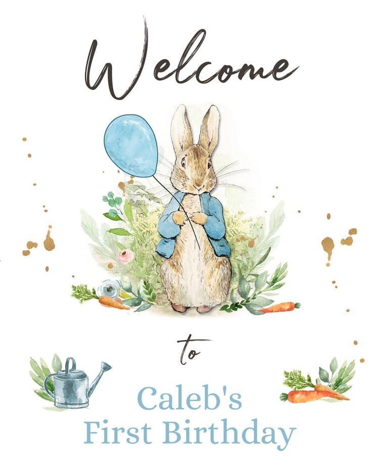Editable Peter Rabbit Welcome Sign - Blue Floral Bunny Birthday Baby Shower