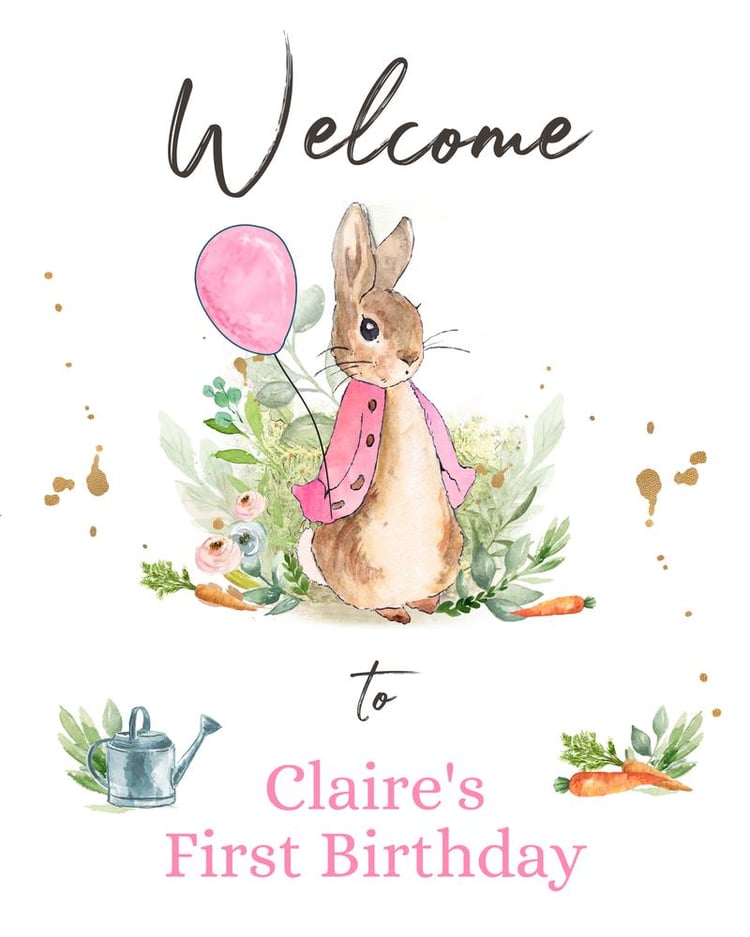 Flopsy Bunny Birthday Welcome Sign | Editable Pink Watercolor Rabbit Template
