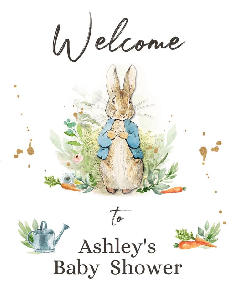 Peter Rabbit Baby Shower Welcome Sign | Editable Watercolor Bunny Template