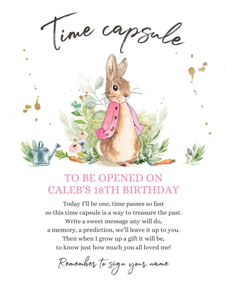 Flopsy Bunny 1st Birthday Time Capsule | Girl Peter Rabbit Canva Template