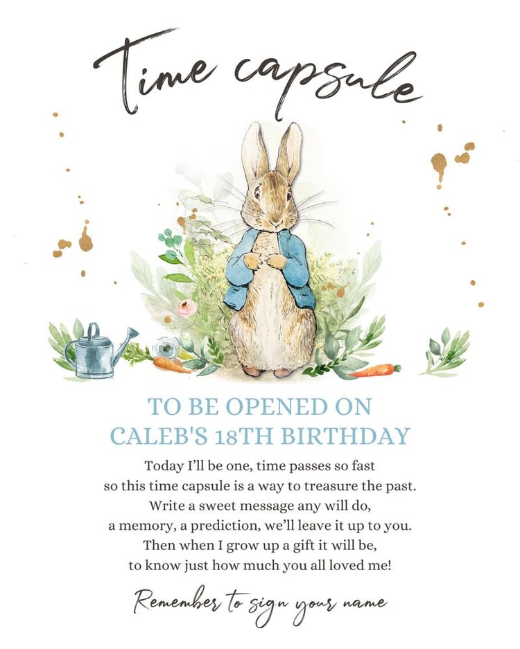 Peter Rabbit 1st Birthday Time Capsule Template | Editable Watercolor Bunny