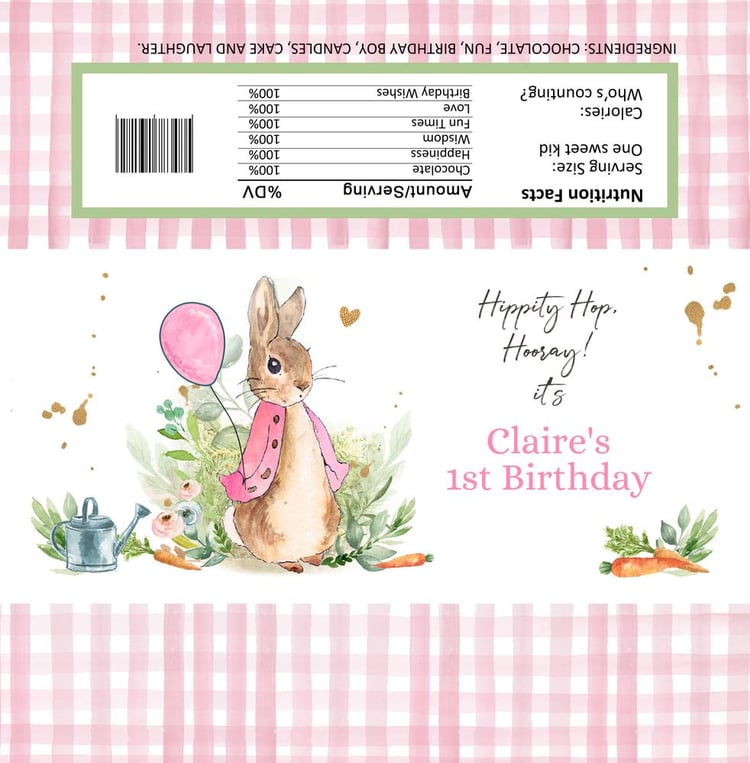 Editable Flopsy Bunny Chocolate Bar Wrapper | Pink Peter Rabbit Candy Label