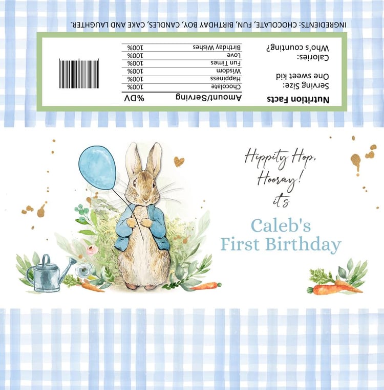 Peter Rabbit Chocolate Bar Wrapper | Editable Blue Bunny Birthday Candy Label