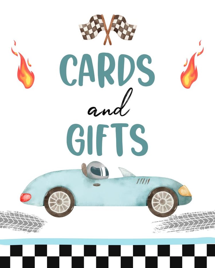 Race Car Cards and Gifts Sign | Two Fast Birthday Decor | Editable Canva Template
