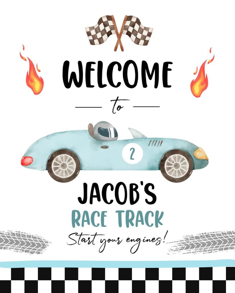 Blue Race Car 2nd Birthday Welcome Sign - Two Fast Two Curious Canva Template