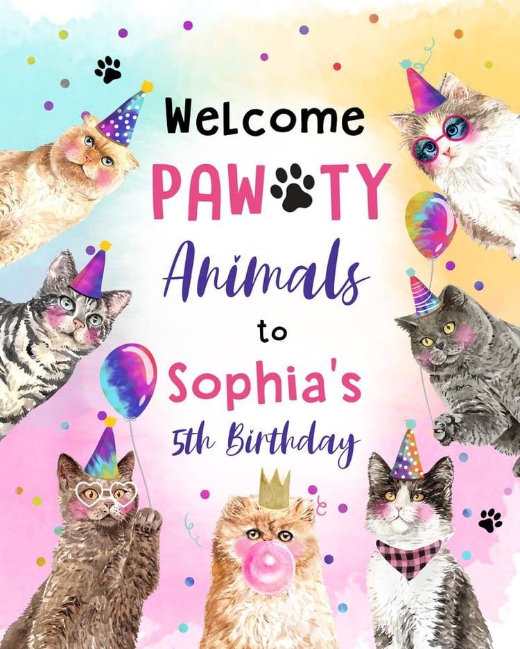 Pink Cat Birthday Welcome Sign | Editable Girl Kitten Party Poster Template