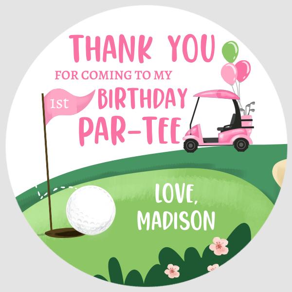Editable Pink Golf Birthday Favor Tags - Girls Hole in One Par-tee Stickers
