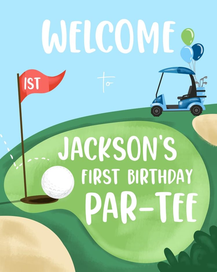 Editable Golf 1st Birthday Welcome Sign | Hole in One Canva Template