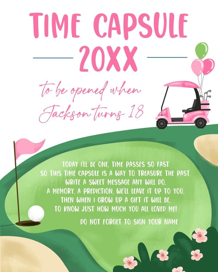 Pink Golf First Birthday Time Capsule Template | Editable Hole in One Guestbook