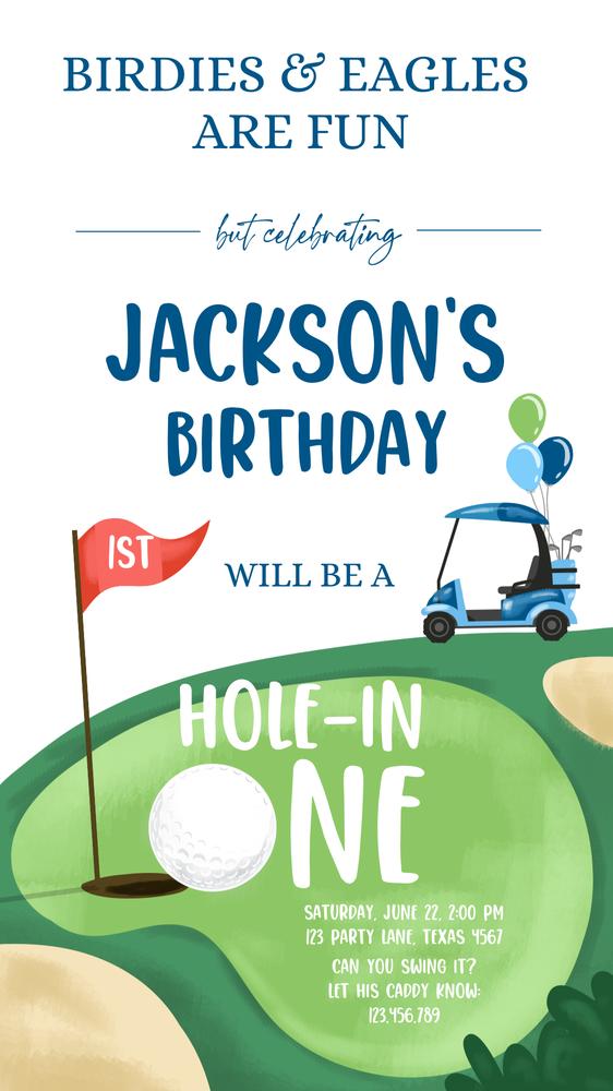 Editable Golf First Birthday Invitation | Hole in One Boys Par-tee Phone Evite