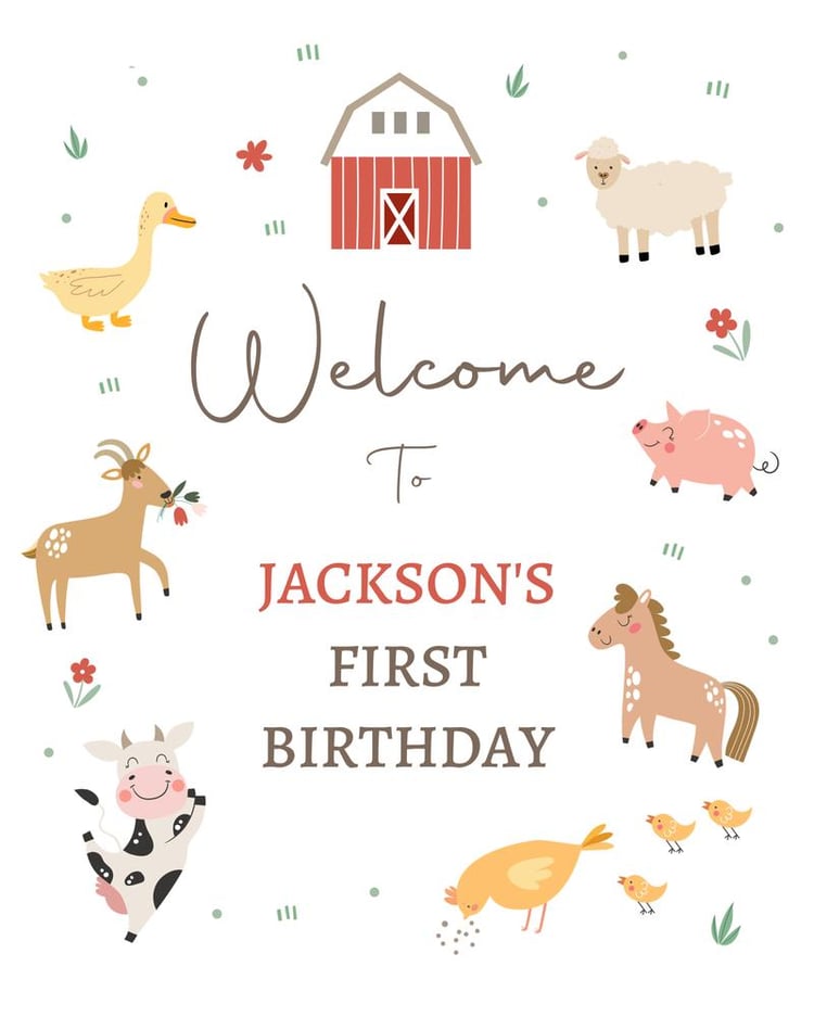 Editable Farm Birthday Welcome Sign | Red Barnyard Animals Canva Template