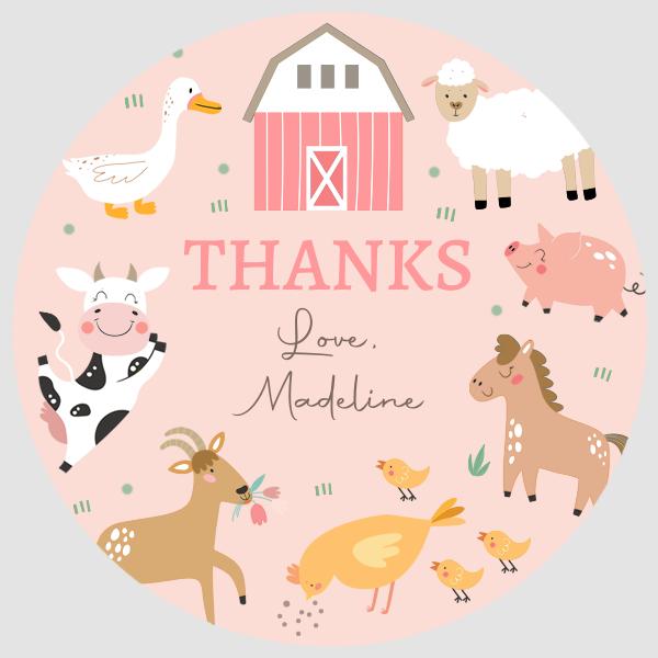 Editable Pink Farm Animals Birthday Thank You Tags | Girl Barnyard Party Decor