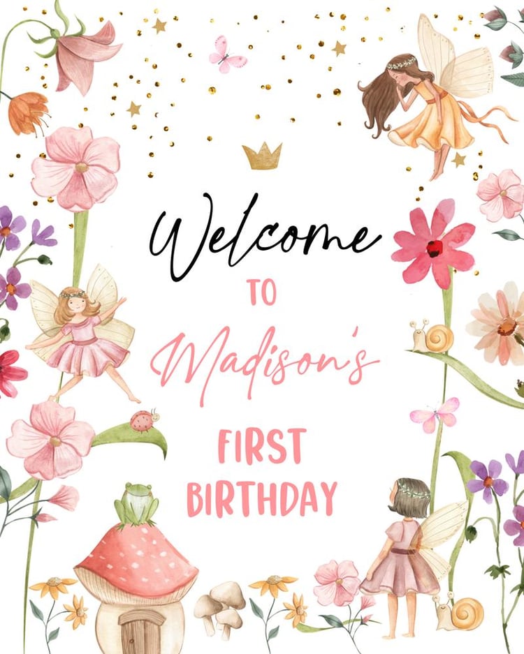 Fairy Birthday Welcome Sign | Editable Enchanted Garden Template | Pink & Gold