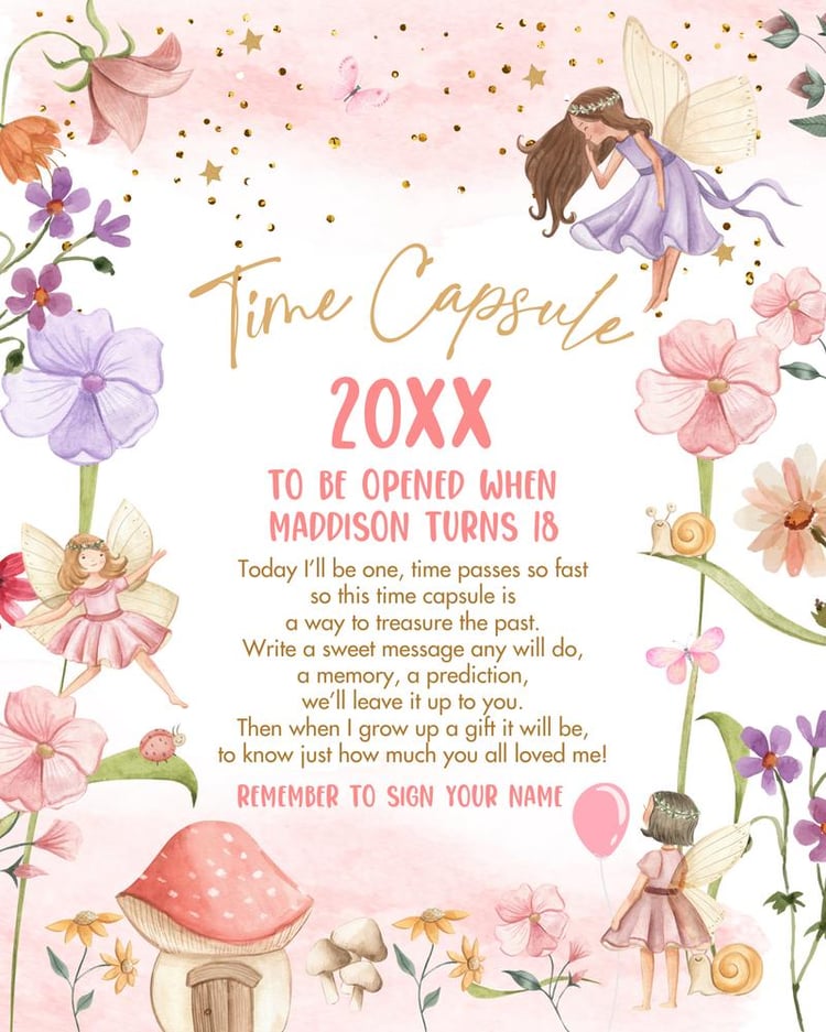 Fairy First Birthday Time Capsule Template | Editable Pink & Purple Fairy Garden