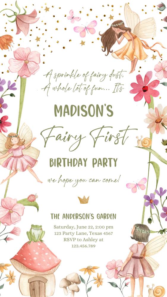 Fairy First Birthday Electronic Invitation | Editable Canva Mobile Evite