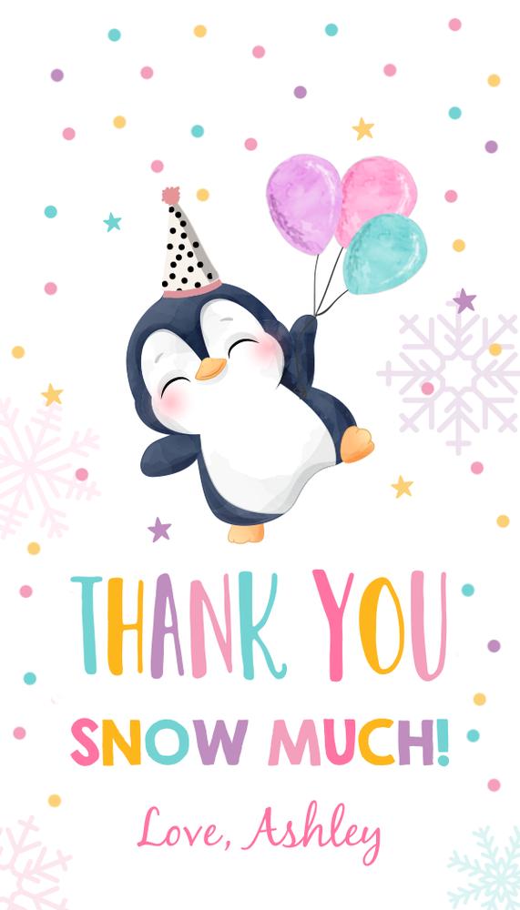 Penguin Girl Birthday Favor Tags - Pink Winter Onederland Editable Canva Template