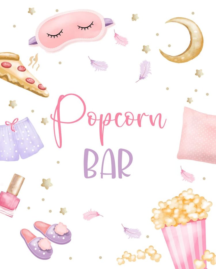Popcorn Bar Sign Template | Editable Sleepover Birthday Movie Night Decor