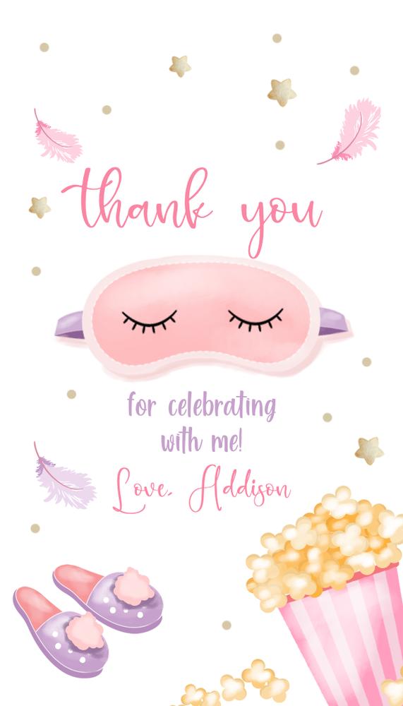 Editable Slumber Party Thank You Tags - Pink Pajama Movie Night Favor Labels