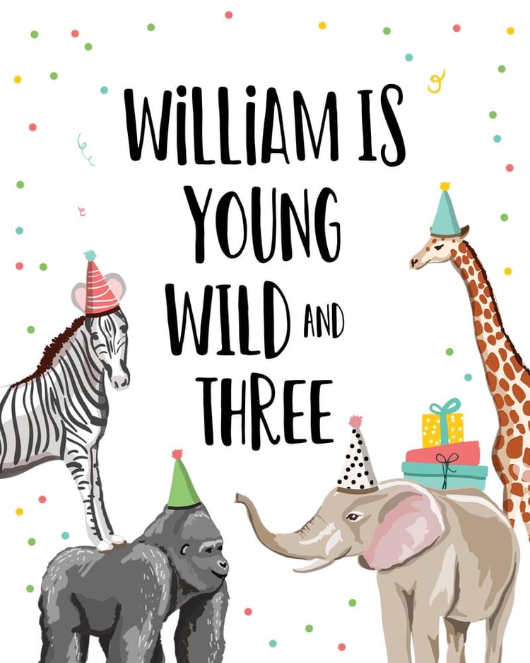 Editable Young Wild and Three Birthday Sign | Safari Jungle Canva Template
