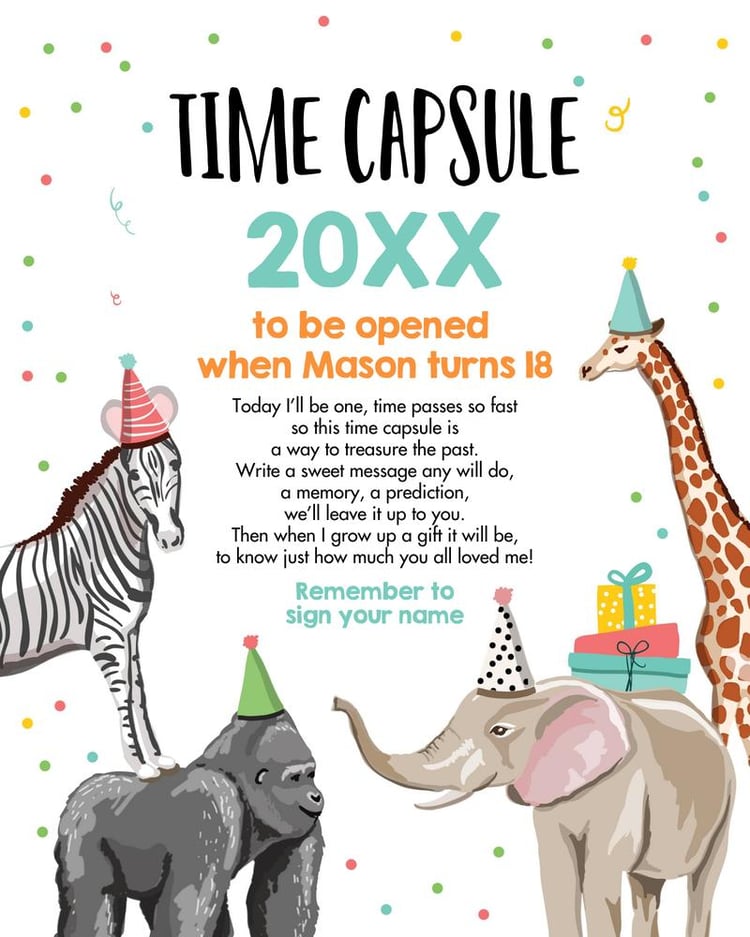 Party Animals Time Capsule | Boy 1st Birthday Wild One Canva Template
