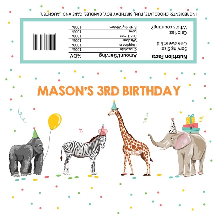 Editable Party Animals Candy Bar Wrapper - Safari Birthday Canva Template