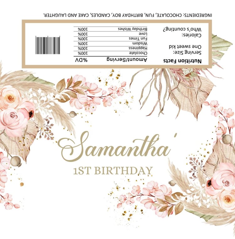 Boho Pampas Grass 1st Birthday Candy Bar Wrapper - Editable Canva Template