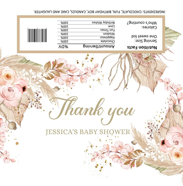 Boho Pampas Grass Candy Bar Wrapper Template, Editable Tropical Baby Shower