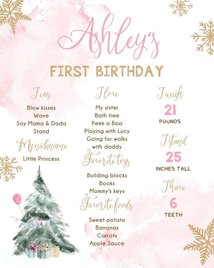 Winter Onederland Birthday Milestone Sign Canva Template | Pink & Gold Girl
