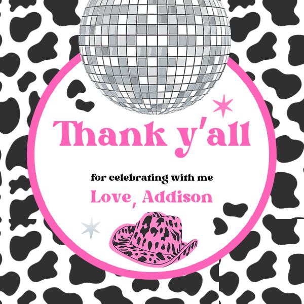 Editable Pink Space Cowgirl Birthday Favor Tags | Disco Rodeo Nashville