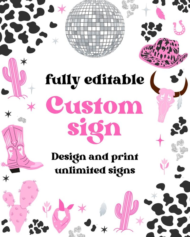 Editable Space Cowgirl Birthday Sign | Pink Disco Rodeo Party Canva Template