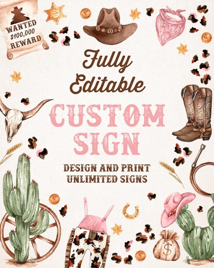 Editable Cowgirl Birthday Party Sign | Wild West Rodeo Birthday Decor Template