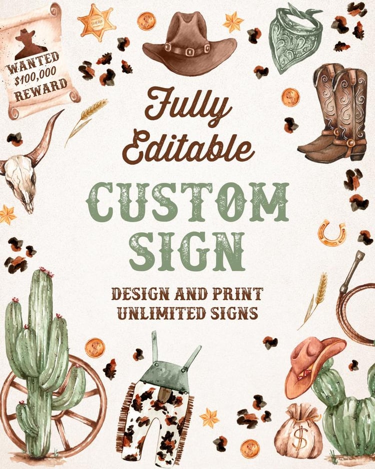 Cowboy 1st Rodeo Birthday Sign | Editable Wild West Canva Template