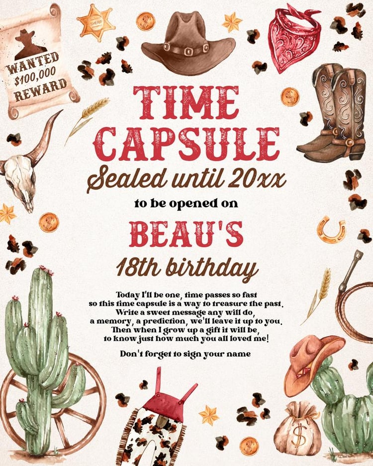 Cowboy 1st Rodeo Birthday Time Capsule | Editable Wild West Canva Template