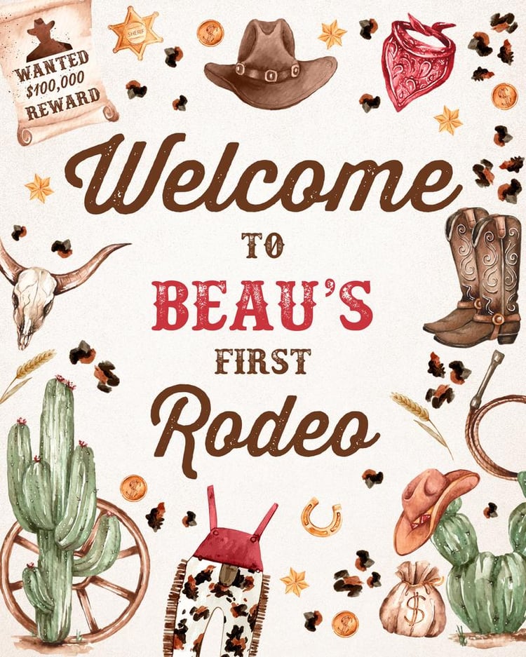 Cowboy 1st Rodeo Birthday Welcome Sign | Editable Wild West Canva Template