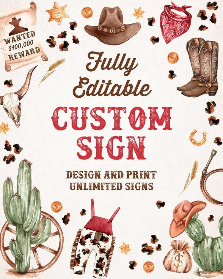 Editable Wild West Cowboy Birthday Sign | 1st Rodeo Canva Template