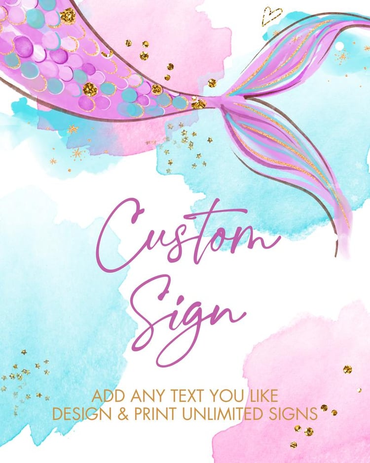 Mermaid Tail Birthday Sign Template | Editable Watercolor Pink Purple 8x10