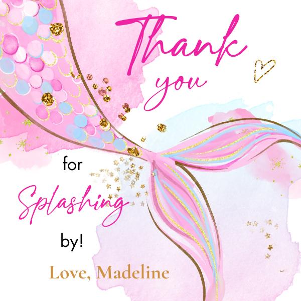 Editable Mermaid Birthday Favor Tags - Pink & Gold Under the Sea Stickers