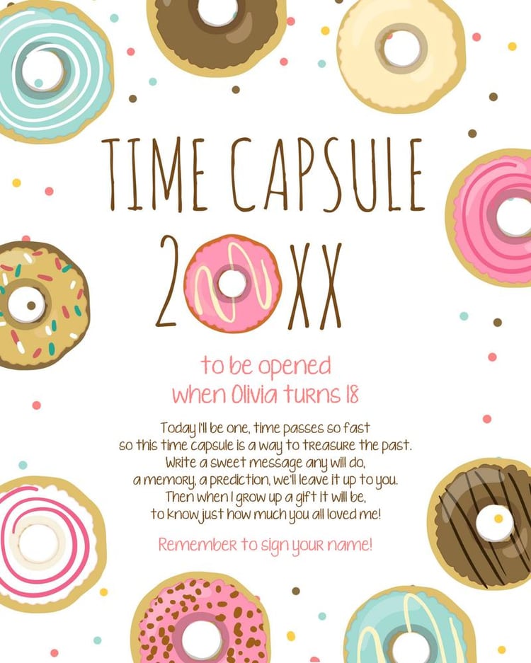 Editable Donut First Birthday Time Capsule Template | Girls Donut Grow Up Decor