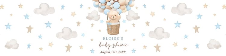 Blue Teddy Bear Hot Air Balloon Baby Shower Water Bottle Labels - Canva Template