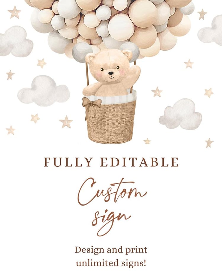 Teddy Bear Hot Air Balloon Baby Shower Sign | Editable Canva Template