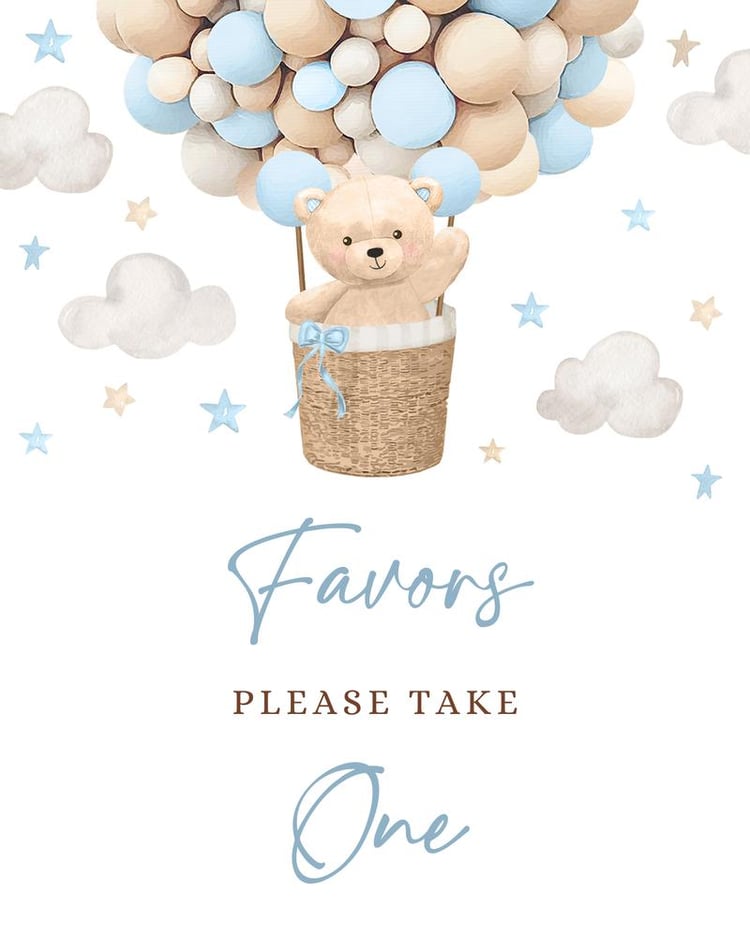 Blue Teddy Bear Hot Air Balloon Baby Shower Sign | Editable Canva Template
